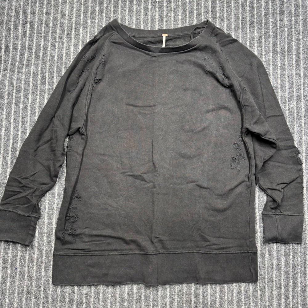 Free People Womens Distressed Sweatshirt XS/S Black Oversized Cotton Pullover